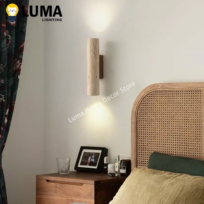 Wabi Sabi Style jaune travertin applique Vintage pierre et bois applique lumière pour chambre chevet salon escalier décor à la maison