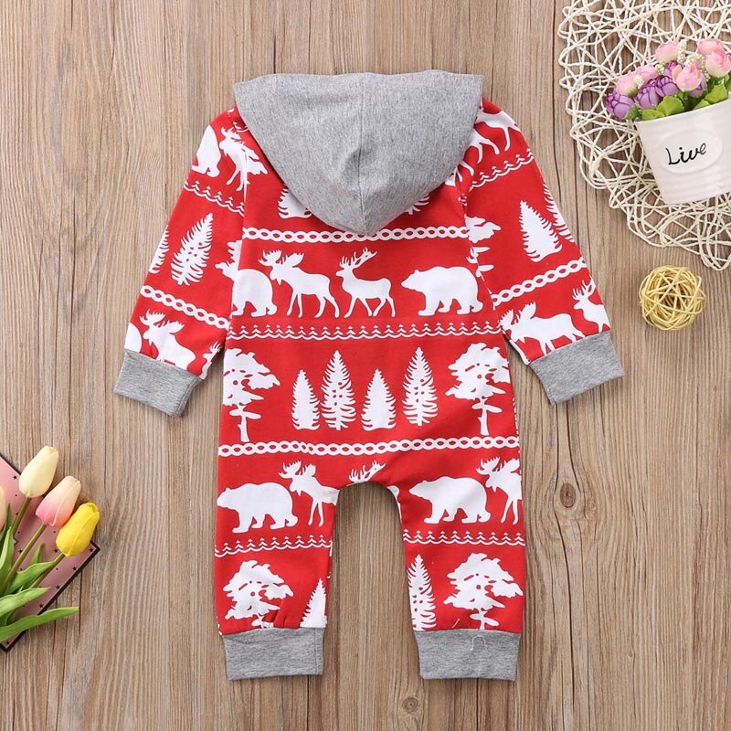 Kerst Pasgeboren Baby Jongen Meisje Lange Mouwen Herten Print Rits Hooded Romper Jumpsuit Playsuit Outfit Xmas Kleding 0-24 M