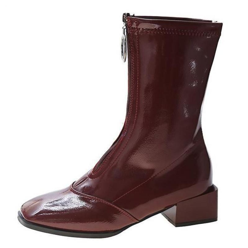 Ins dames enkellaarsjes outdoor laarzen dames enkellaarsjes metalen hak lakleer rits schoenen dames casual: Rood / 38