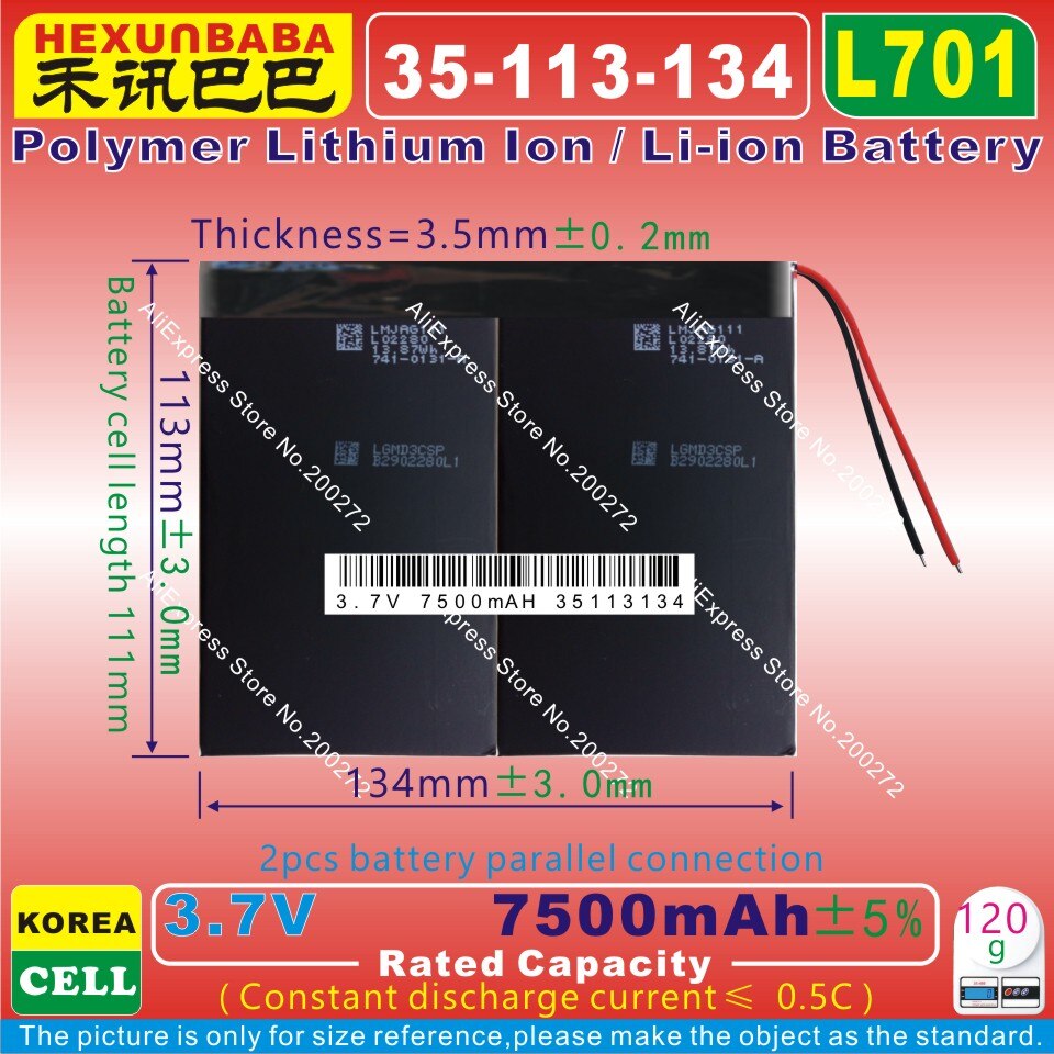 [L701] 3.7 V 7500 mAh [35113134] PLIB (polímero de íon de lítio/bateria de Iões de lítio) para tablet pc ONDA V971 DUAL, V971T, V971S