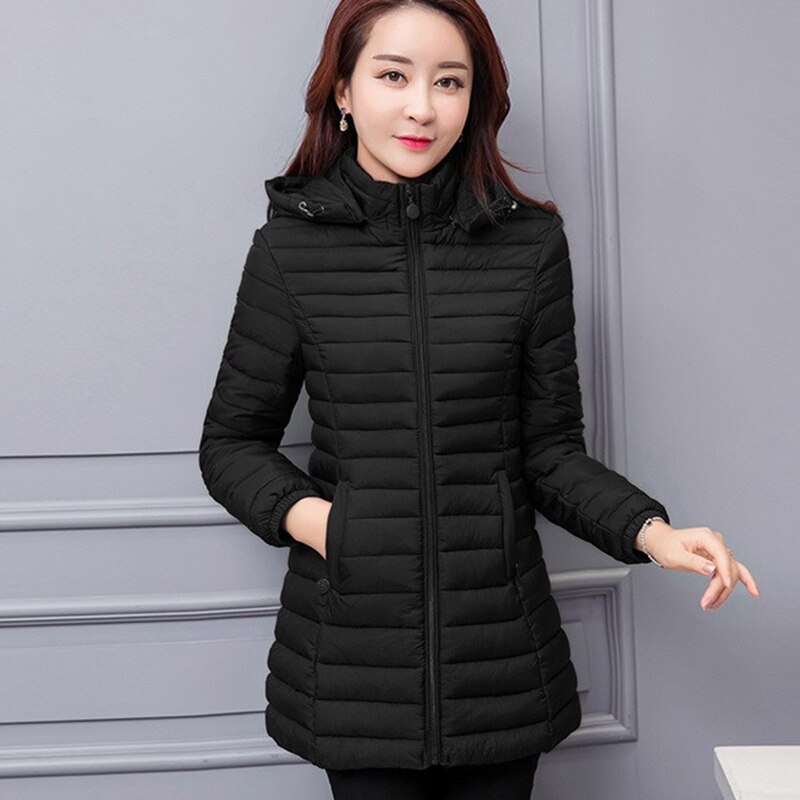 Kvinner høst vinter jakke parkas solid hette middels langt yttertøy slim plus size 7xl kvinnelig dunjakke i bomull  w33