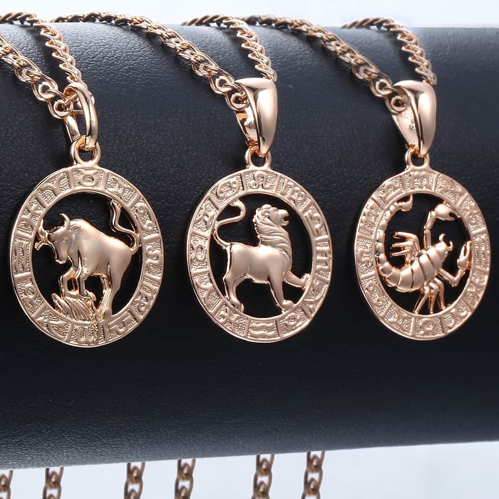 Davieslee 12 Horoscope Zodiac Sign Pendant Necklaces For Women Men Gold Color Aries Leo 12 Constellations DGPM24