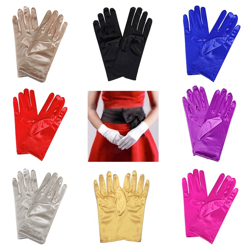 1PC Women Satin Short Finger Wrist Gloves Smooth Evening Party Formal Prom Costume Stretch Gloves Red White Etiquette Glove