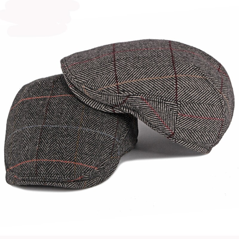 HT2777 Beret Men Cap Thick Warm Autumn Winter Hat Beret Cap Vintage Plaid Earflap Cap Wool Hat Ivy Newsboy Flat Cap
