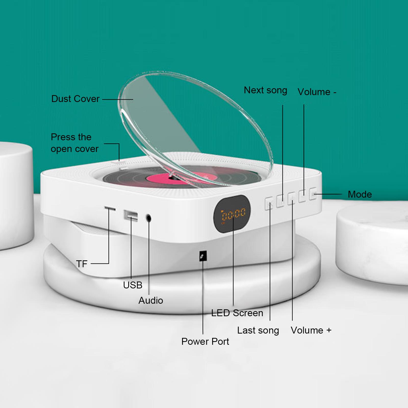 Tragbarer CD-Player mit Eingebautem Lautsprecher Stereo-CD-Player LED-Bildschirm Wandmontierbarer CD-Musikplayer mit IR-Fernbedienung