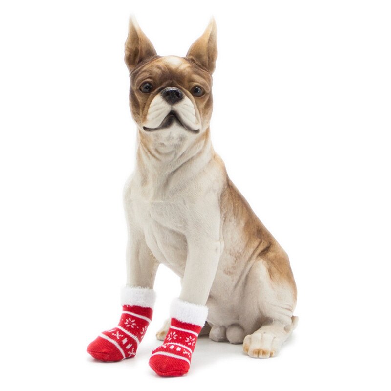 Kæledyr hunde jul sne blomst skridsikker bomuld korte sokker 4 stk / sæt rød snefnug