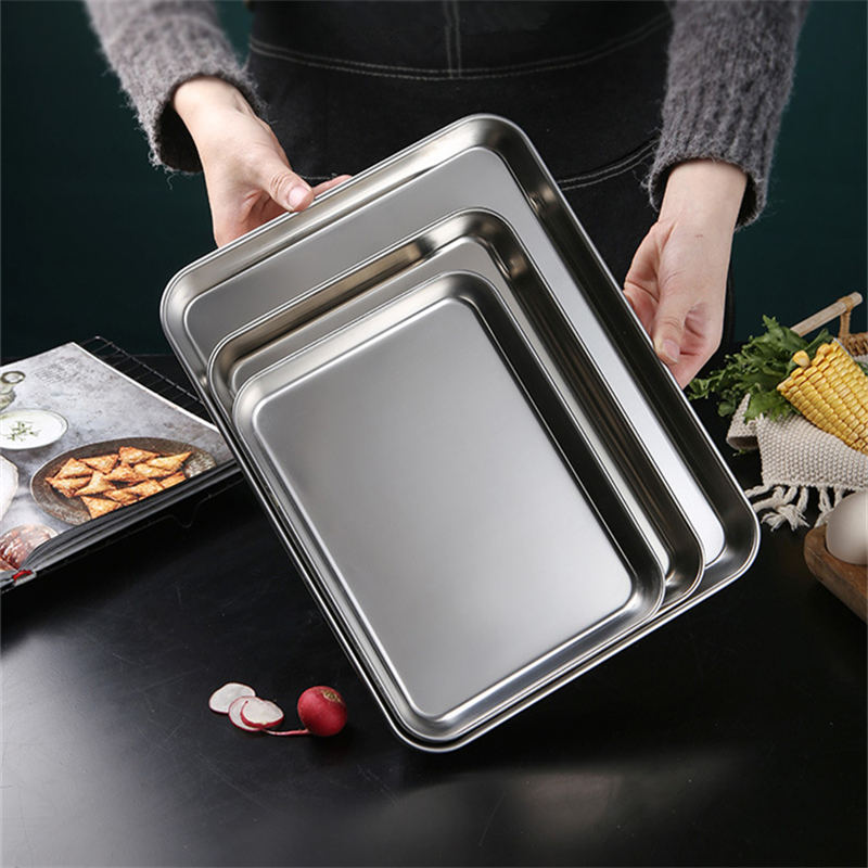 Stainless Steel Food Storage Trays Rectangle Steamed Sausage Fruit Pans Water Bread Kitchen Baking Shallow Dish Serving Plate