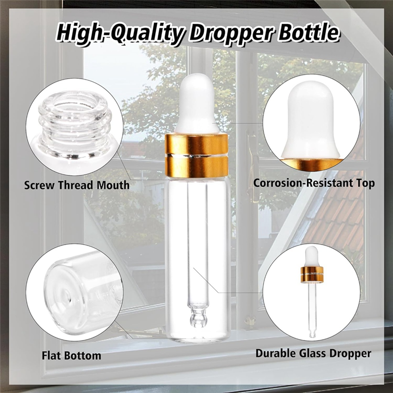 50 Pack 2Ml Clear Glass Dropper Bottles, Mini Sample Dropper Bottles For Essential Oils Perfume Cosmetic Liquid Easy Install