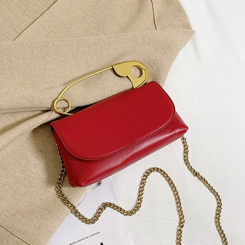 Special Small Totes With Metal Handle PU Leather Women's Handbag Chain Shoulder Messenger Bag: Red