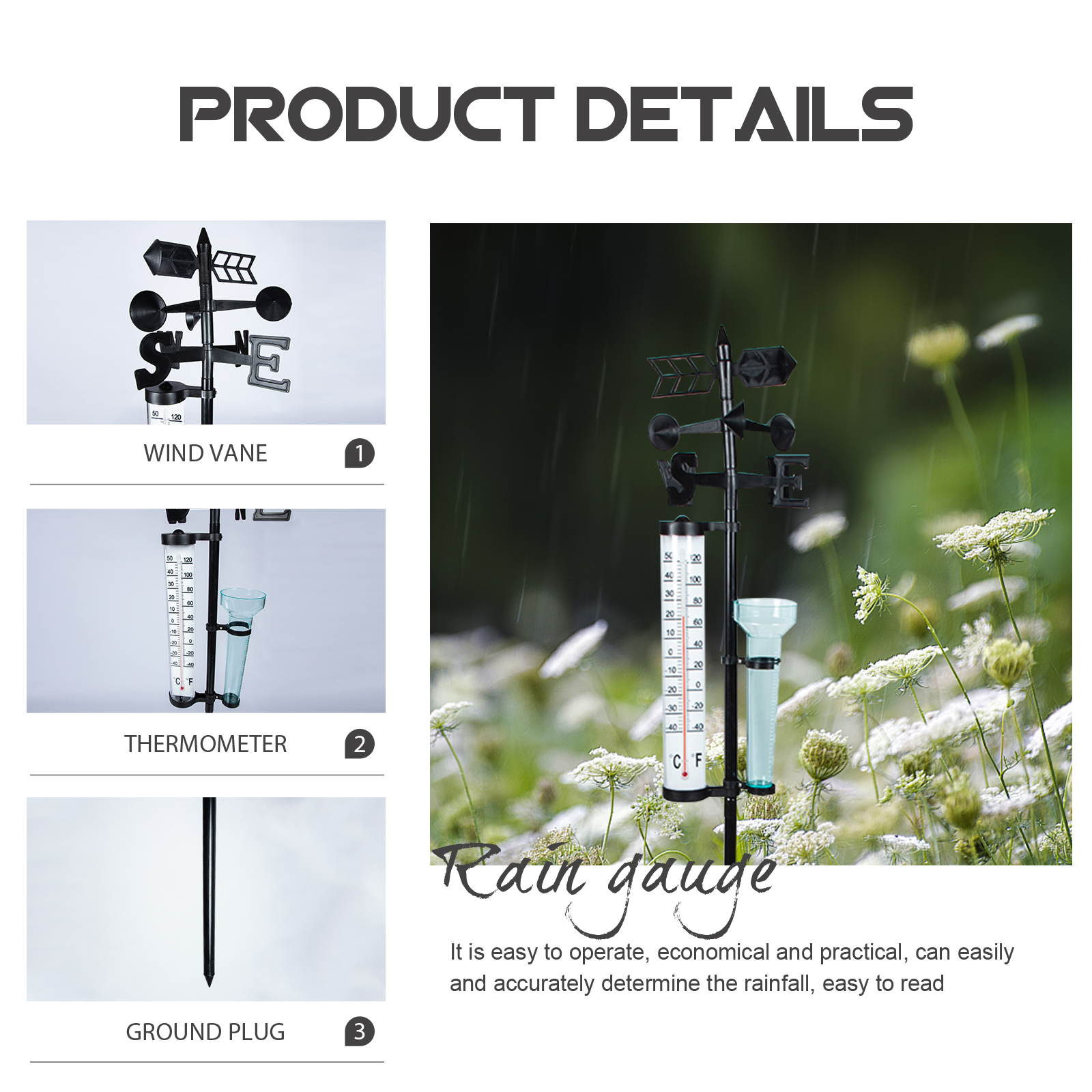 3-In-1 Tuin Regen Gauge Outdoor Neerslag Gauge Wind Indicator