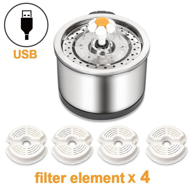 Automatisi – fontaine à eau pour chat en acier inoxydable, pompe Ultra silencieuse, 3 Modes de débit d'eau, arrosage des animaux de compagnie: 05-Steel-filterx4
