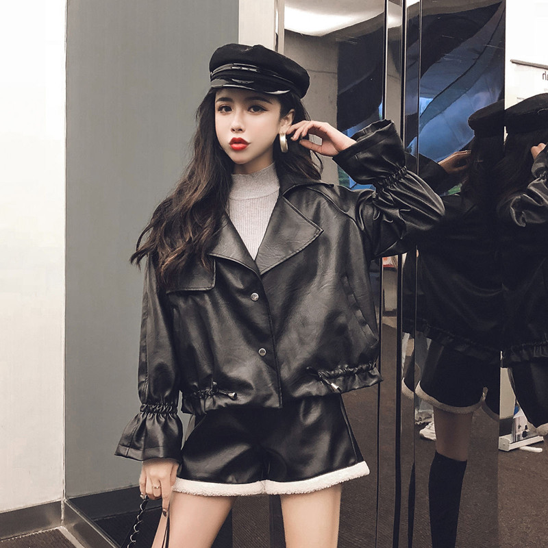 Spring and autumn women's leather jacket short loose high waist leather jacket