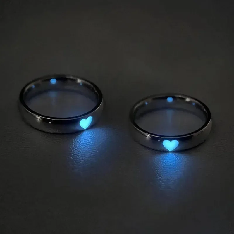 Glow In Dark Ring Lichtgevend Blauw Roze Licht Liefde Hart Ring Koppels Meisjes Zilver Kleur Sieraden Maat Verstelbaar Mode Ringen