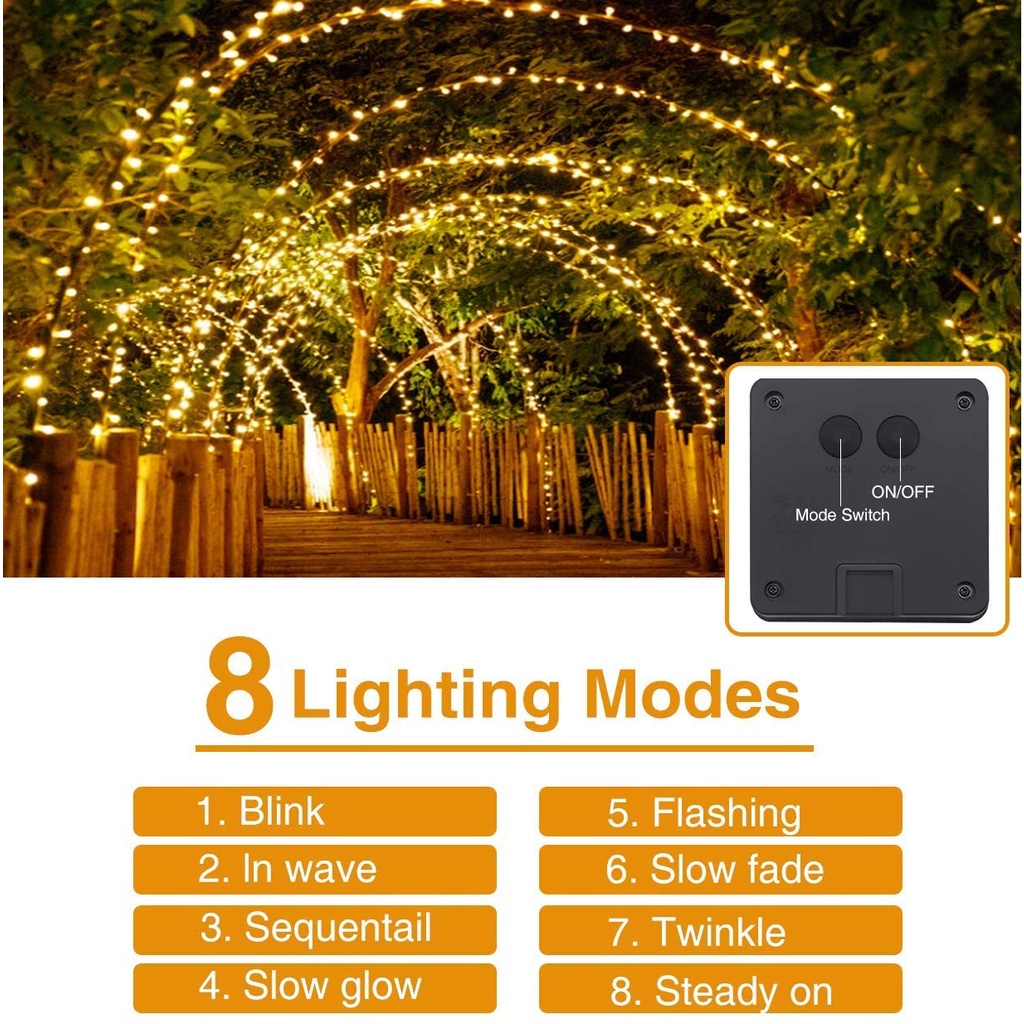 Guirnalda de luces LED solares para exteriores, guirnalda impermeable para decoración de jardín, 8 modos de luz de alambre de cobre para calle, Patio, Navidad