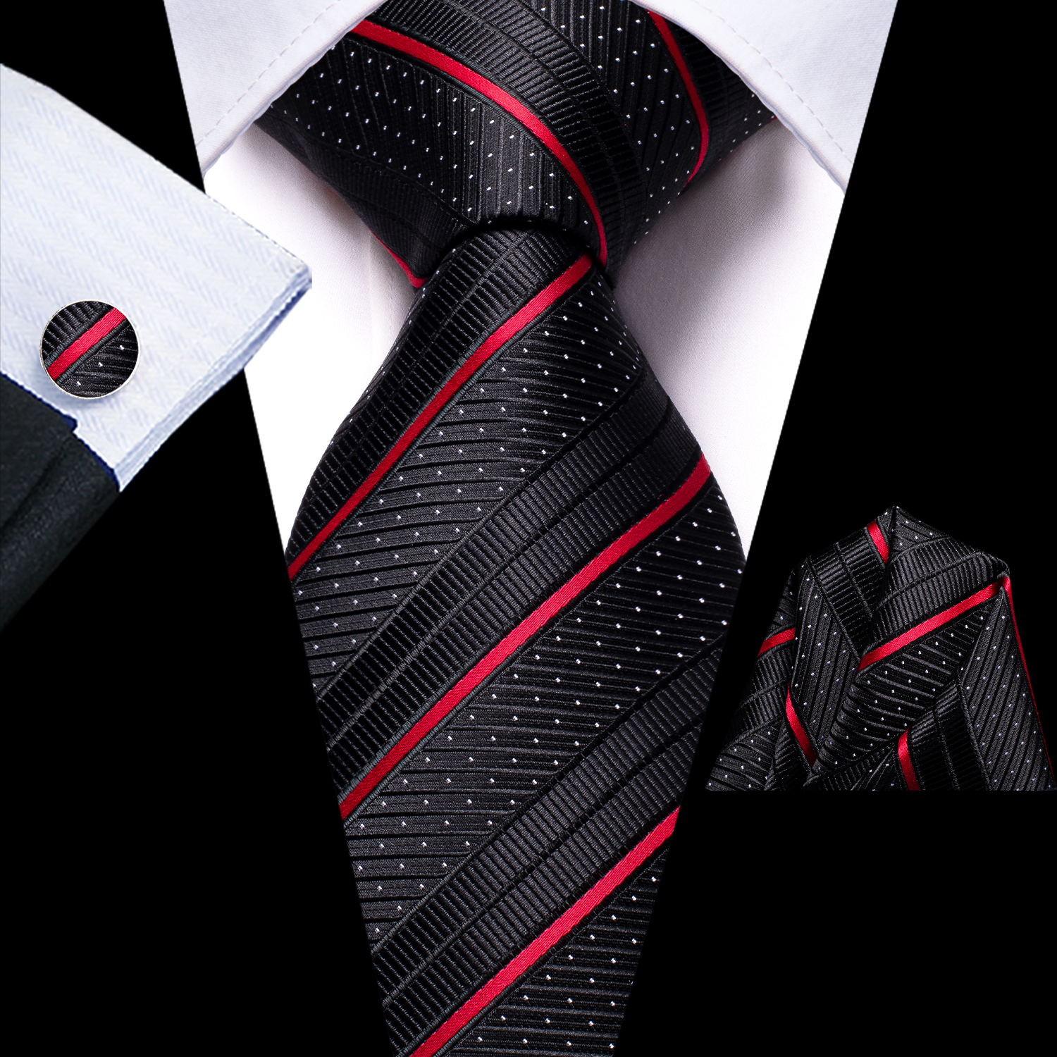 Hi-Tie Black Red Striped Silk Wedding Tie For Men Handky Cufflink Men Necktie Set Business Party: Red