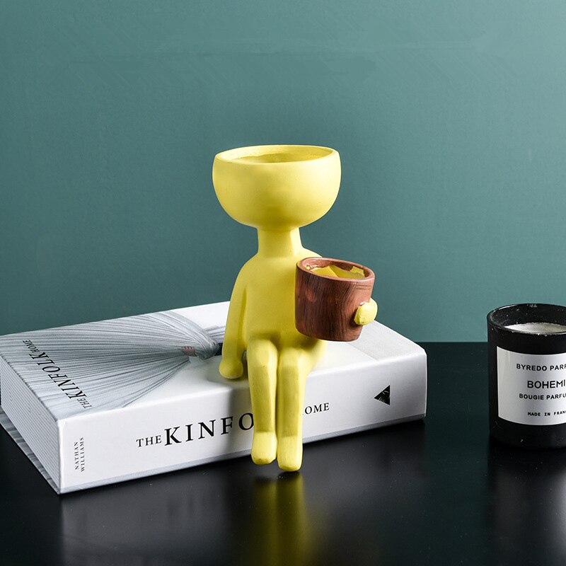 Humanoid keramik urtepotte karakter siddende stilling skulptur vase desktop blomsterarrangement container sukkulenter plantepotte: Sort d