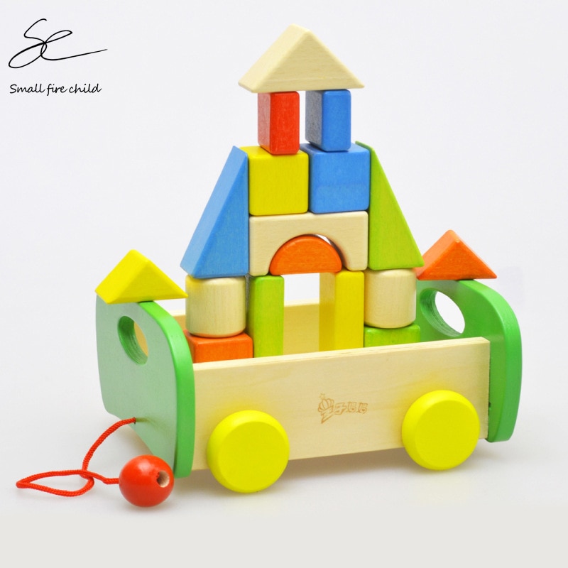 Children's DIY Wooden Color Solid Wood Blocks 1-3-6 - Year - Old Young Kids Drag Car Toys for Children