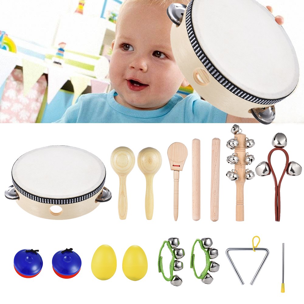 10 piezas instrumentos musicales de percusión de juguete Kit ritmo banda incluyendo pandereta Maracas triángulo castañuelas muñeca Bell para bebé