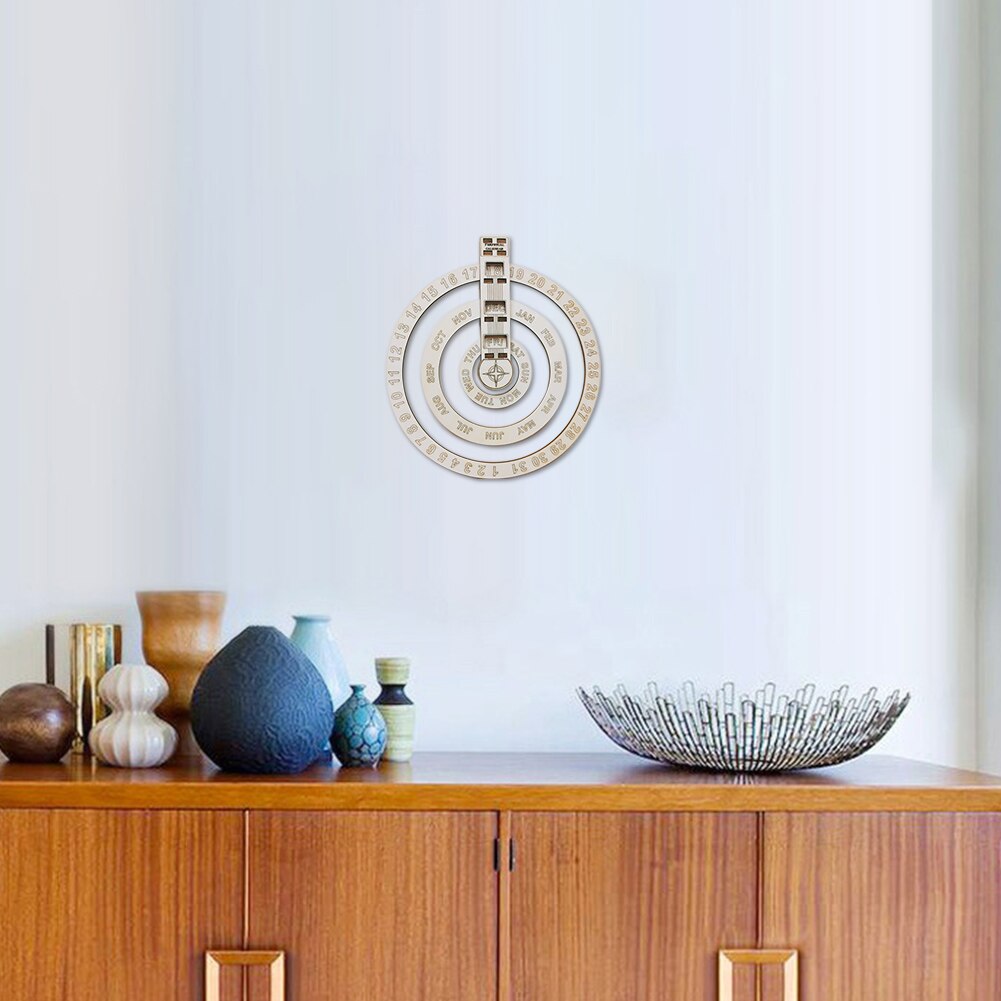 Perpetual Calendar Wall Hanging Rustic Wooden Home Decor Circular Bedroom Office Classroom Birthday Anniversary Date Restaurant