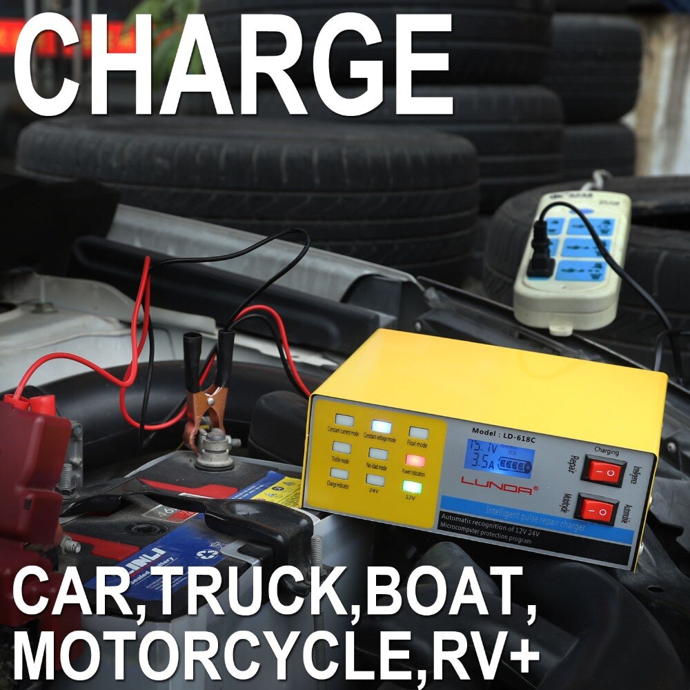 RU Car Battery Charger Automatic Intelligent Pulse Repair 130V-250V 200AH 12V 24V With Adapter