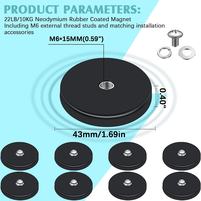 Gummibeschichteter Magnet, 22 Pfund, Magnetfuß mit M6-Gewindebolzen und Muttern, stärker Flaggen-Magnetfuß mit Werkzeug
