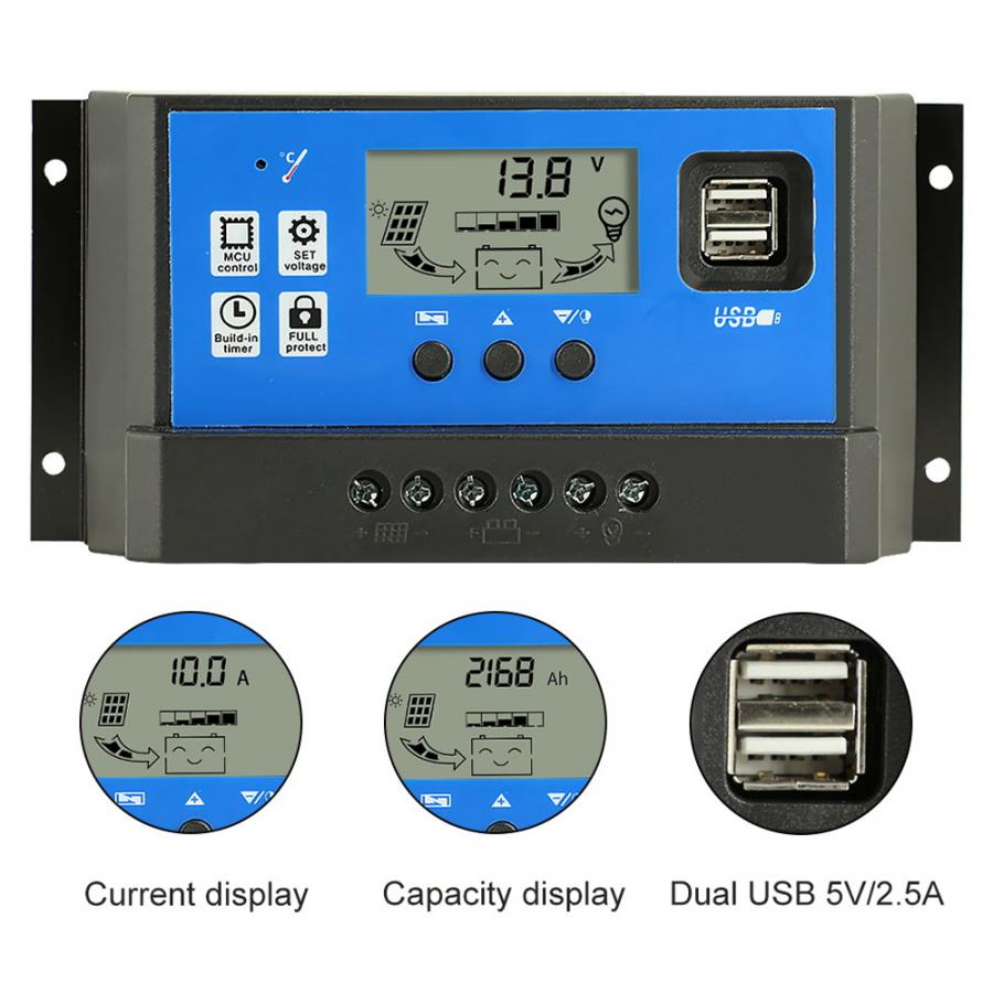 Solar Charge Controller 40A 50A PWM Output Regulator with Dual USB Port 12/24V Output Solar Panel