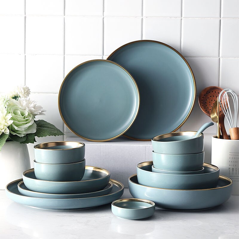 Europese Stijl Plaat Keramische Schotel Dinnerdinnerware Set Saus Rijst Kommen Soep Noedels Plaat Steak Westerse Voedsel Servies WF702214