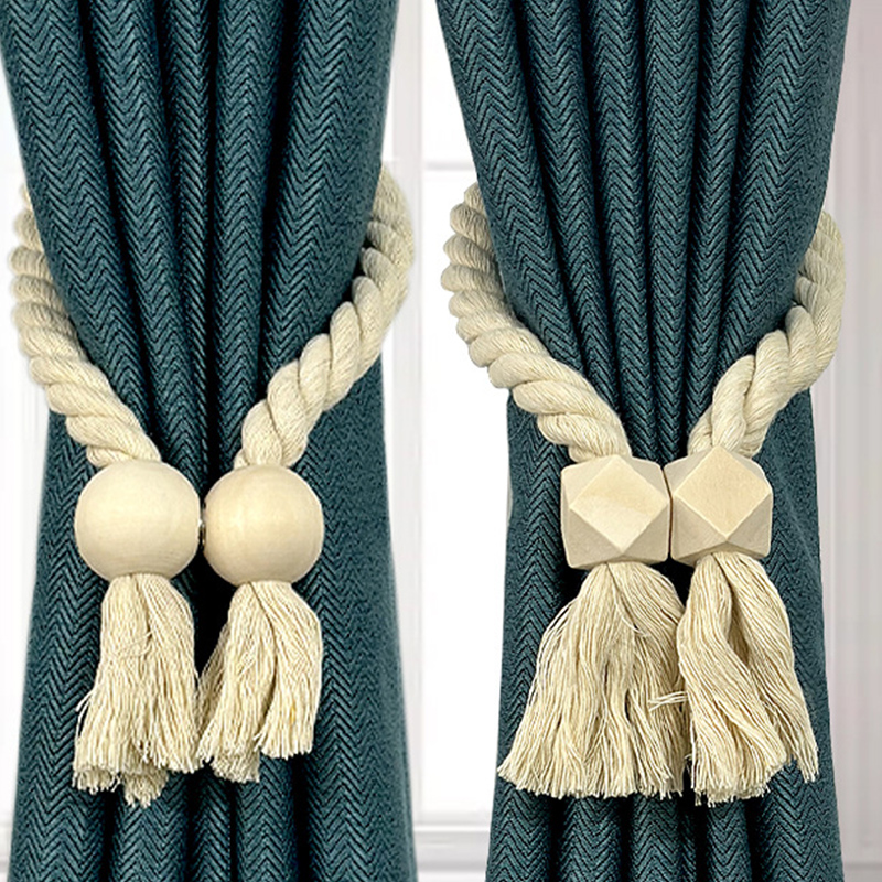 Cortinas Magnéticas de estilo bohemio para decoración del hogar, accesorios tejidos a mano de madera maciza para habitación, soporte con Clip, 2 piezas