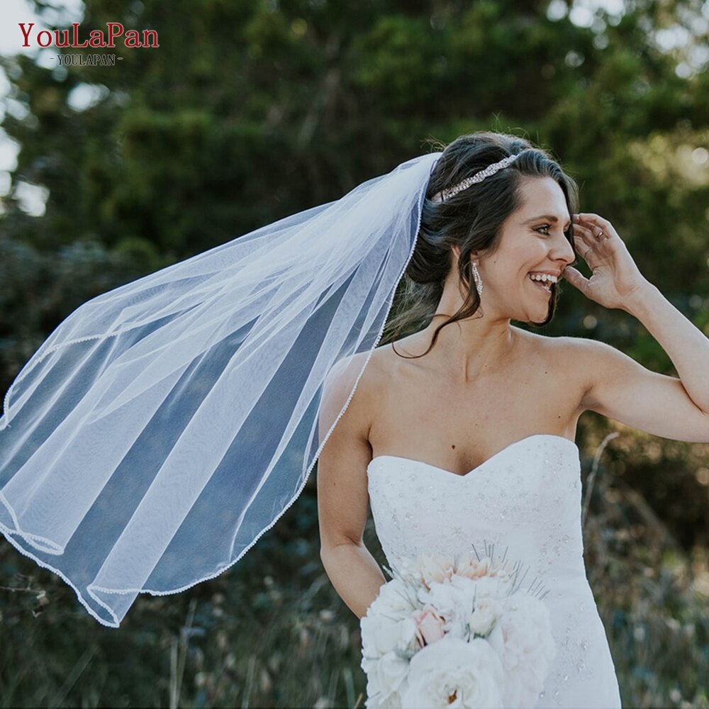 Youla Pan V34 Elegante Bruiloft Sluier Met Crystal Edge Veil Voor Bruid 1 Layer Wit Vingertop Lengte Sluier Met Kam bruidssluier