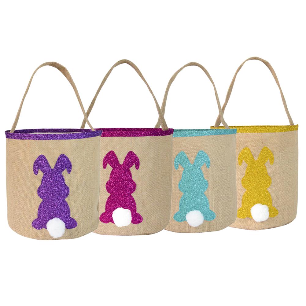 Easter Bunny Basket Canvas Cotton Egg Candy Storage Basket With Fluffy Tail For Easter