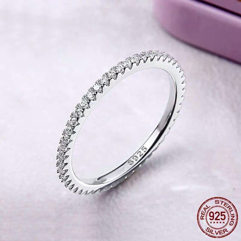 S925 Zilver Kleur Ronde Kleine Zirconia Diamond Ringen Voor Vrouwen Classic Eenvoudige Trendy Stapelen Wedding Band Fijne Sieraden R094