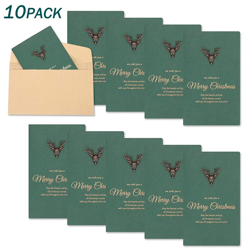 10Pcs/Set Vintage DIY Christmas Green Greeting Cards with Envelope Party Gold Embossed Invitation Postcards