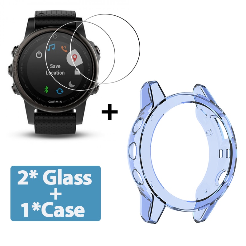 2 + 1 caso protetor de tela para garmin fenix 5 5S 5x relógio inteligente tpu macio capa protetora escudo filme vidro temperado: Azul / Garmin fenix 5X