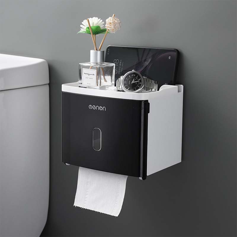 Toilet Paper Roll Holder Wall Mounted Paper Towel Holder Bathroom Tissue Box Storage Rack Waterproof Shelf Bathroom Accessories: Black
