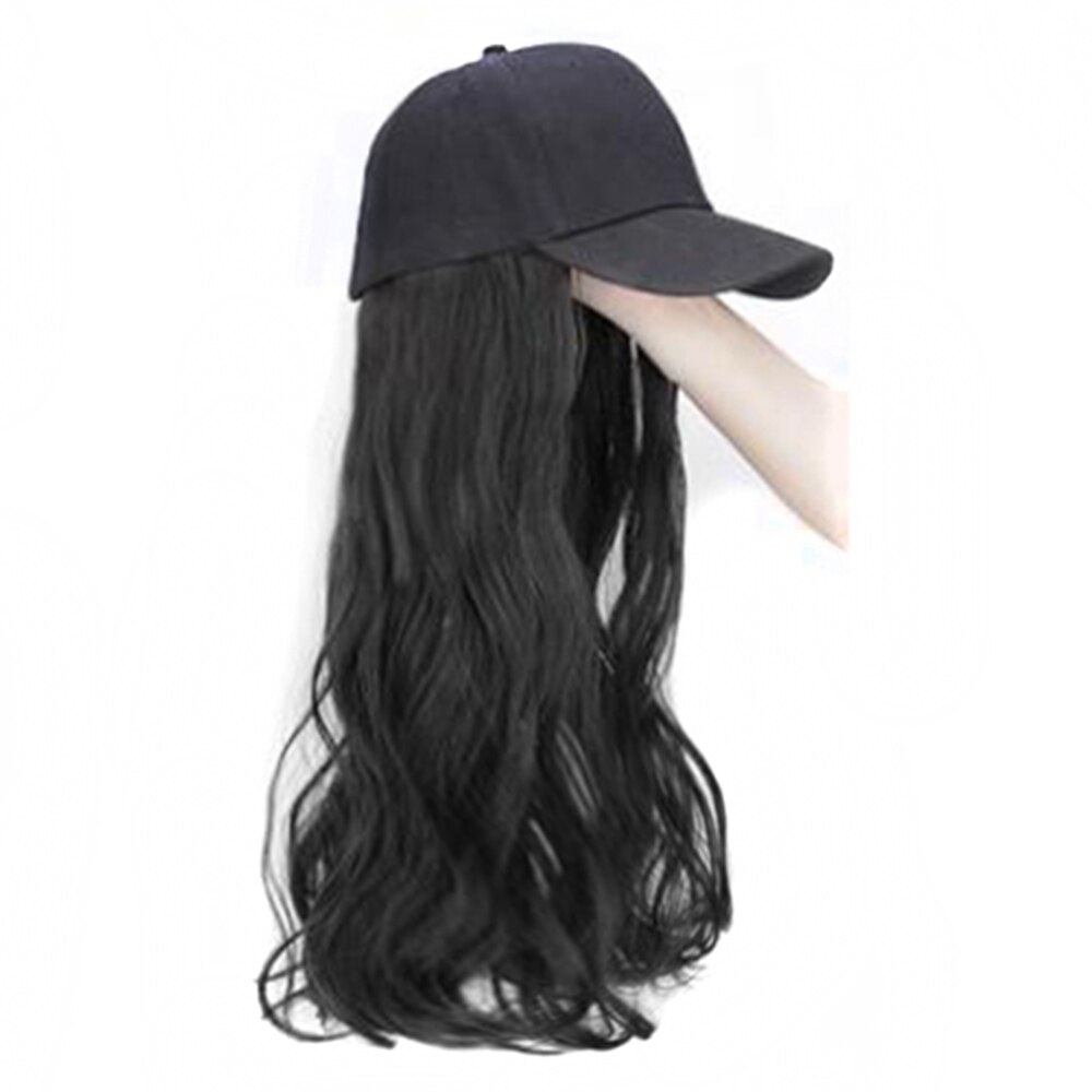Long Straight Black Hat Baseball Cap with Hair Extension Brown Wig Hairpieces Synthetic Hair Pieces: Curly Jet Black