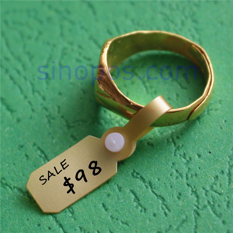 Goud Jewelries Prijskaartje, gouden PVC knop snap clip geschenkverpakkingen label plastic hangtag DIY vinyl fastener wedding ring tags