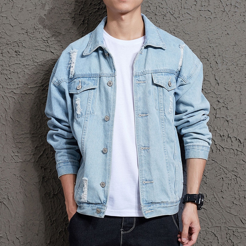 Autumn Solid Casual Slim Mens Denim Jacket Bomber Jacket Men Tearing Hole Cowboy Men's Jean Jacket Chaqueta Hombre