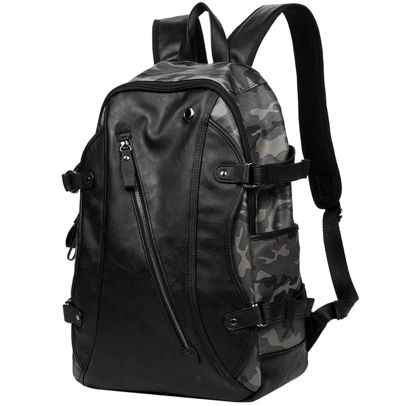 UIYI Korean men's backpack PU leather camouflage backpack large capacity school bag travel laptop bag Headphone hole mochilas: Camouflage