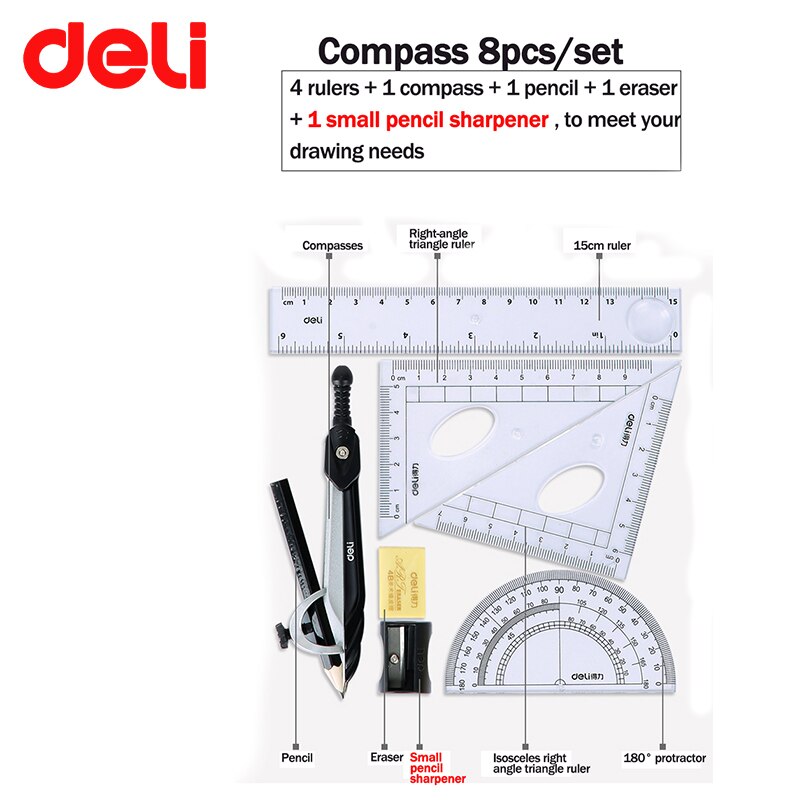 DELI – ensemble de géométrie boussole, 7/8 pièces, modèle de dessin de cercle, rapporteur de carrés en métal et plastique, règle de géométrie mathématique