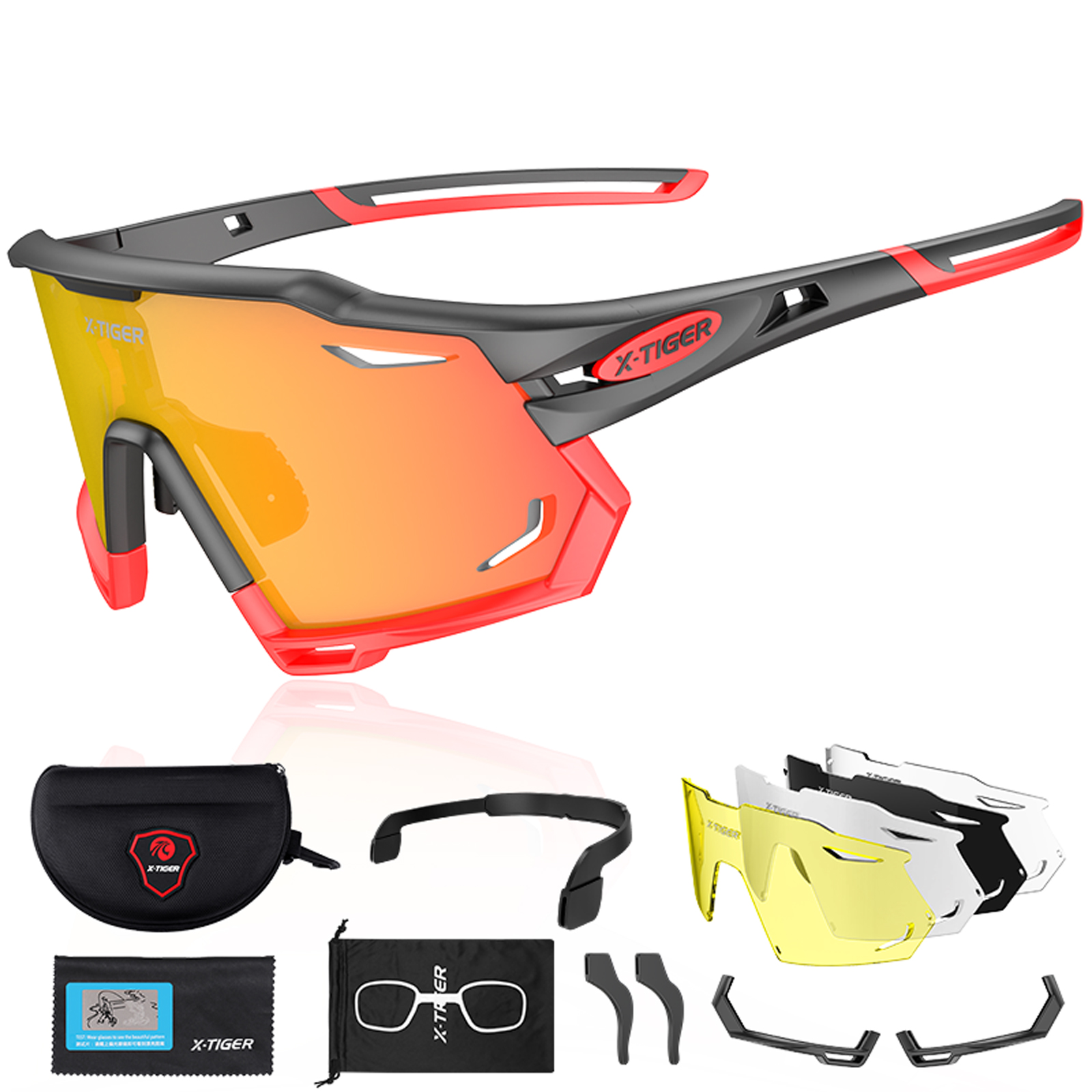 X-TIGER Gafas de ciclismo polarizadas con 5 lentes intercambiables MTB Ciclismo Béisbol Correr Gafas de sol deportivas para hombres y mujeres: Negro / Rojo