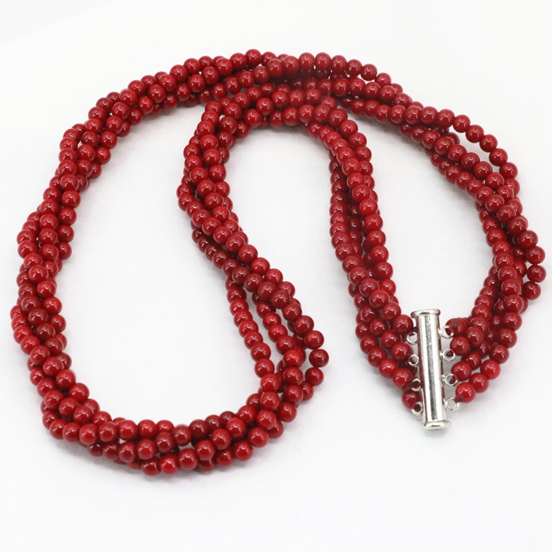 Kunstige koraller 4mm viklingstreng perler halskæde rød runde 4 rækker kæde fest bryllupper diy smykker 18 "  b3460