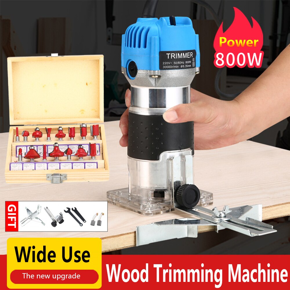 800W Electric Hand Wood Trimme Router 6.35mm Collet Chuck Engraving Trimming Machine Electric Router High Precision: blue 1 / EU Plug