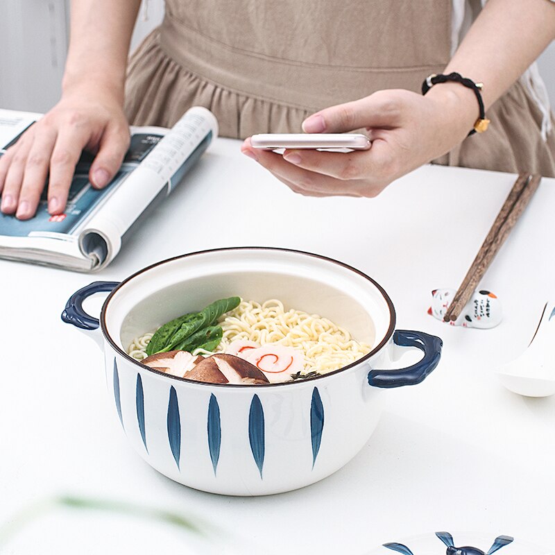 Keramisk nudelpotte med låg, japansk stil, kapacitet til 1 person, suppe, nudler, grøntsager, salatskål tcmw 01