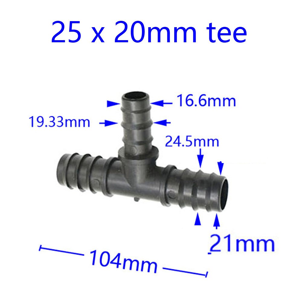 Puutarhan vesiletku 25mm/20mm/16mm pienentävä tee väkäliitin 3/4 1/2 letku vedenjakaja puutarhan kastelutarvikkeet 2 kpl: 25 to 20mm