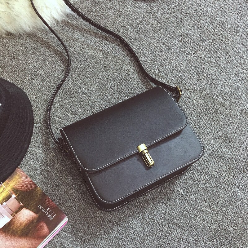 Trend Women Bags Retro Solid Color Korean Shoulder Bag PU Messenger Bag All-match Shaped Small Square Bag: Black