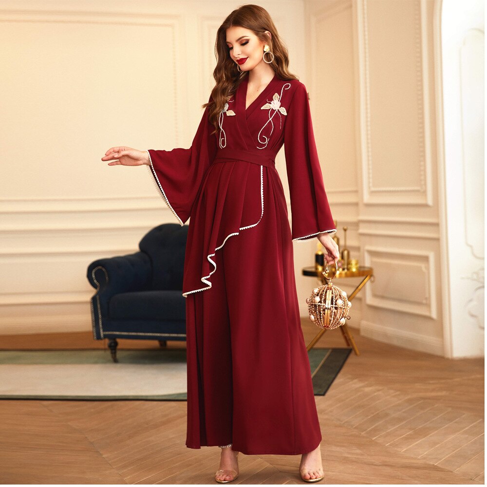 Dubaj ręcznie perły sukienka abaja kobiety moda wiosna migotać rękaw Eid suknia wieczorowa szata islamska muzułmanin turcja maroko ubrania