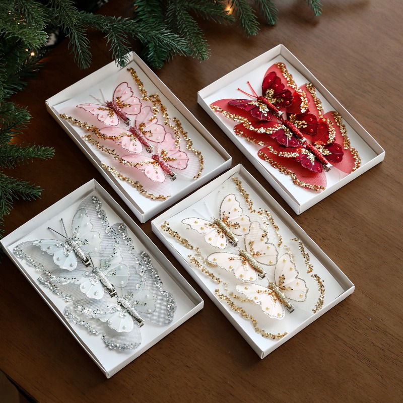 Christmas Decoration Double Layer Butterfly Christmas Tree Clip Hanging Decoration Sparkling Pink Hollow Pendant Decoration