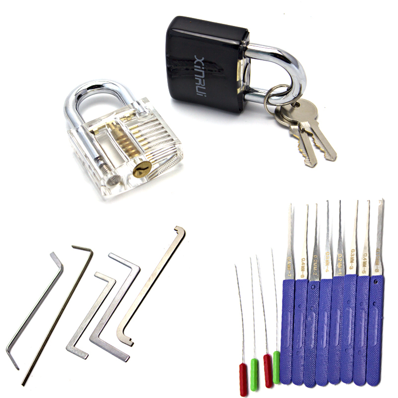 Practice Pick Lock Tool Set Combination,Broken Key Extractor Tool With Transparent Lock with Cover,Locksmith Tension Wrench TooL