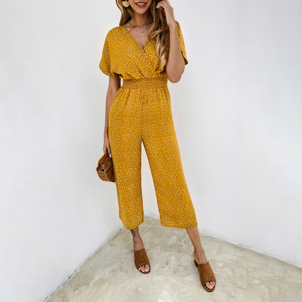 Sommer dame jumpsuits rompers casual polkaprikket print v-hals lomme overalls jumpsuit korte ærmer brede ben løs jumpsuit