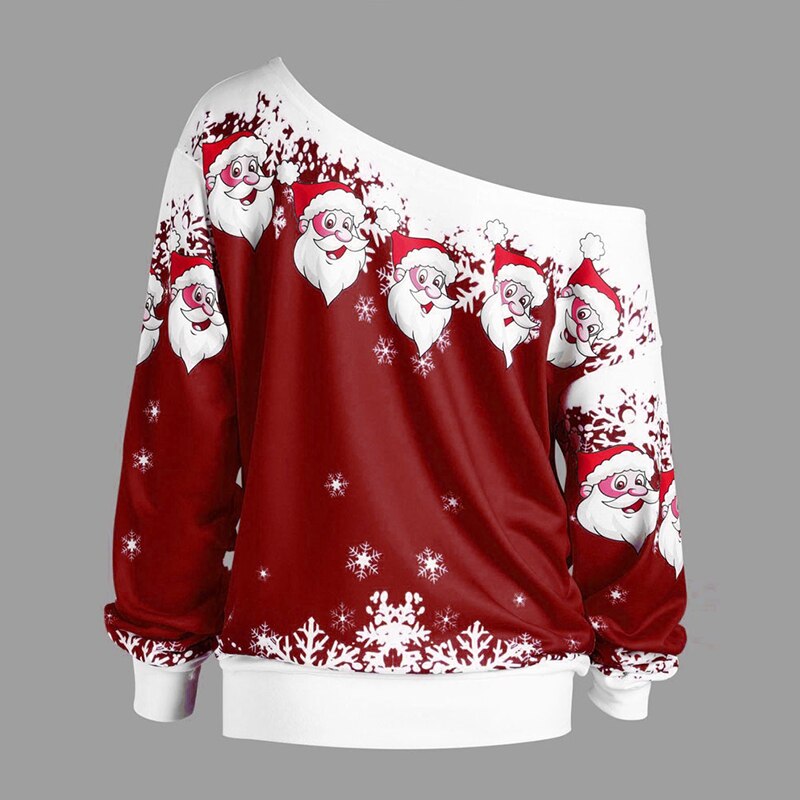 Plus Size Women Sweatshirt Merry Christmas Santa Claus Print Skew Collar Sweatshirt Blouse Xmas Printed Tops Christmas